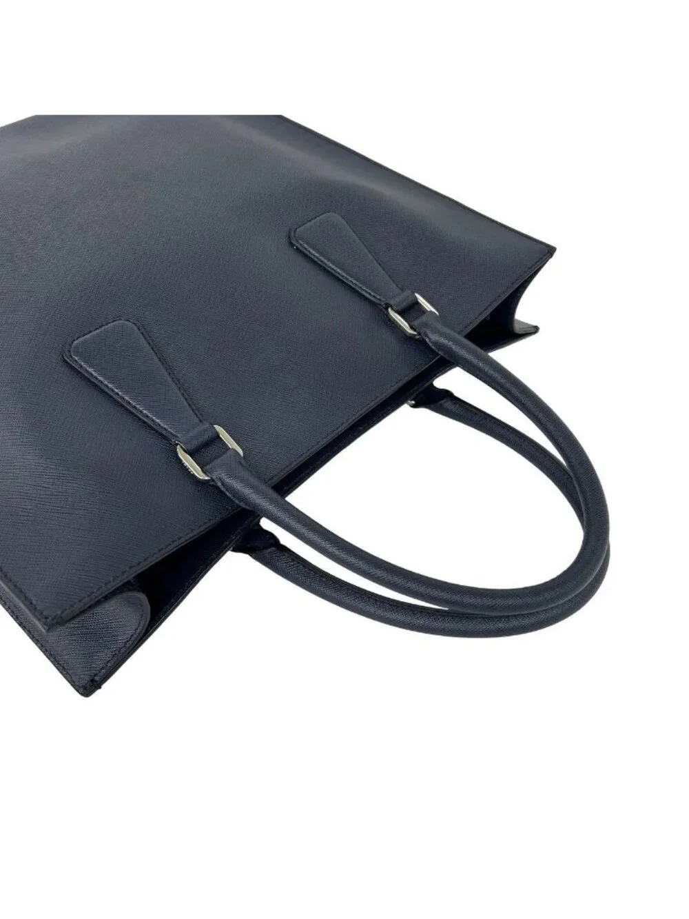 Prada Triangle Logo Saffiano Leather 2-Way Tote Shoulder Bag Navy